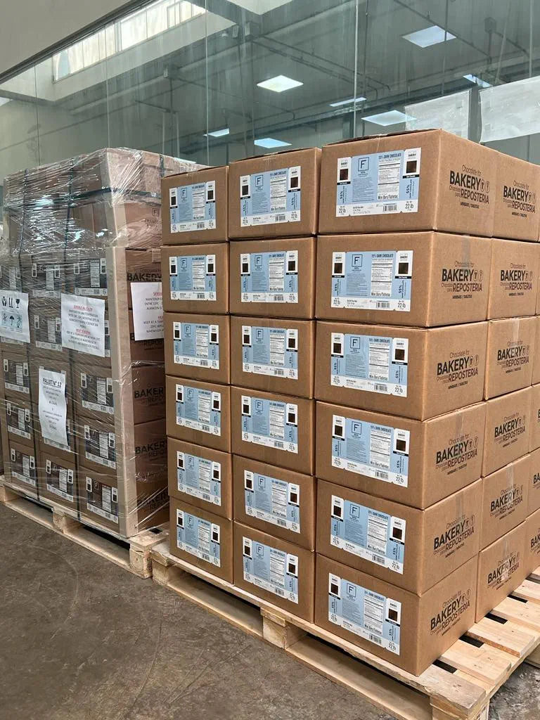 Palletized cases of Franceschi chocolate staged for shipment