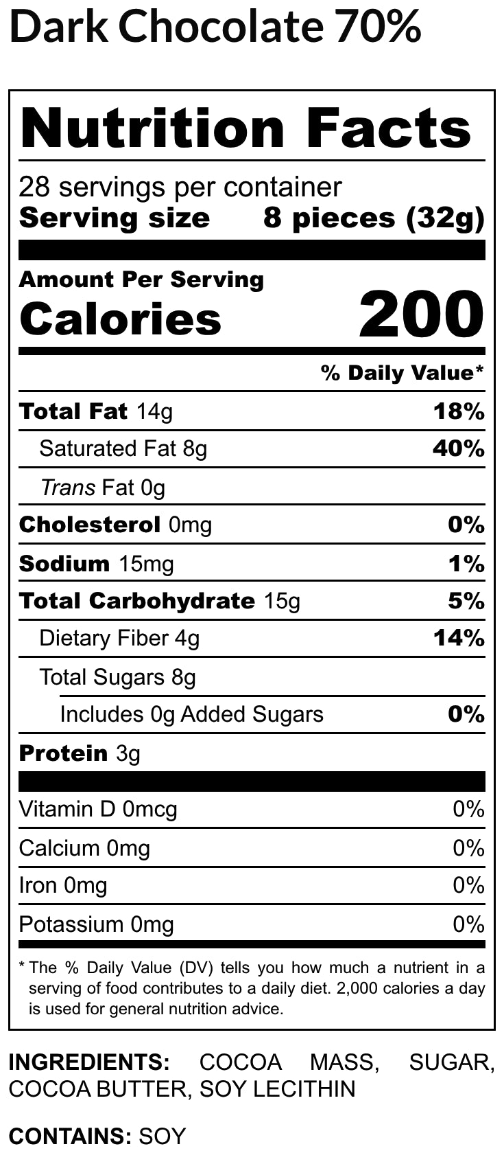 Nutrition Facts label for Dark Chocolate 70%: 28 servings per container, serving size 8 pieces (32 g), 200 calories per serving. Ingredients: Cocoa mass, sugar, cocoa butter, soy lecithin. Contains: Soy.