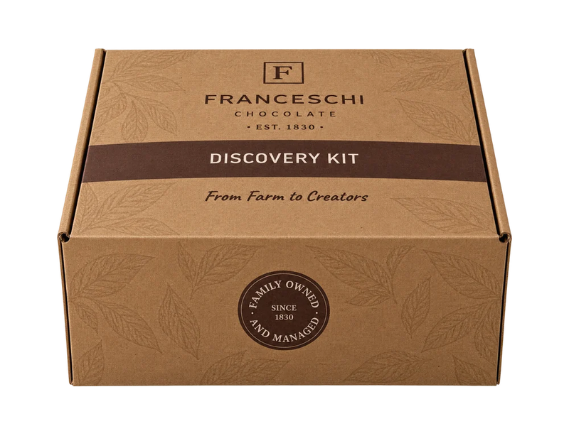 The Franceschi Discovery Kit box, closed, with its Discovery Kit band and the Family Owned and Managed since 1830 seal